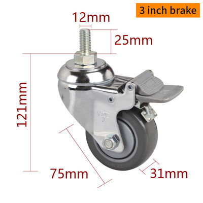ราคาดี TPU อุตสาหกรรม 3 นิ้ว ล้อ Caster 130kg ครอมเคลือบ Threaded Swivel / เบรก ออนไลน์
