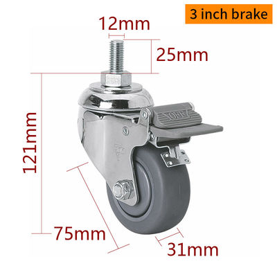 Harga yang bagus TPE 3 Inch Metal Casters Chrome Coating 75mm Swivel Castors Dengan Rem on line