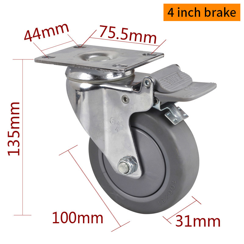 4 Inch Industrial Caster Wheels Chrome Coating By Rigid Swivel And Brake